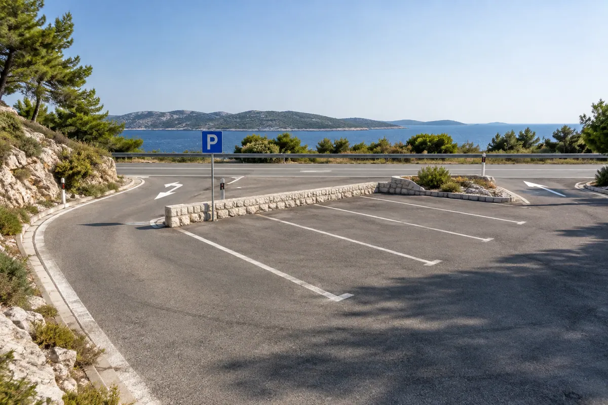 A separated coastal pull-off shows marked parking bays, road access and a clear exit beside the sea.