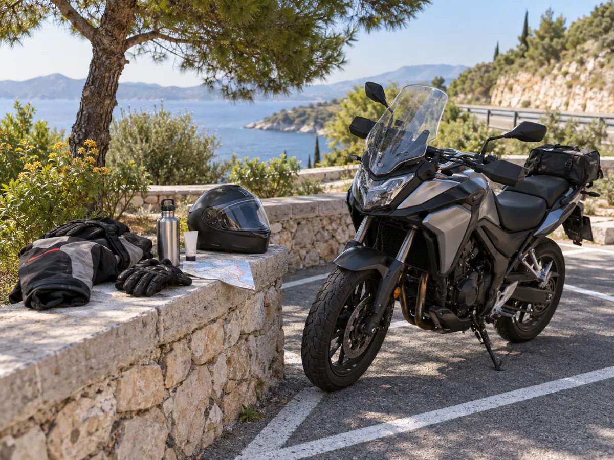 A parked touring motorcycle is prepared with water, a helmet, gloves and protective gear at a coastal stop.