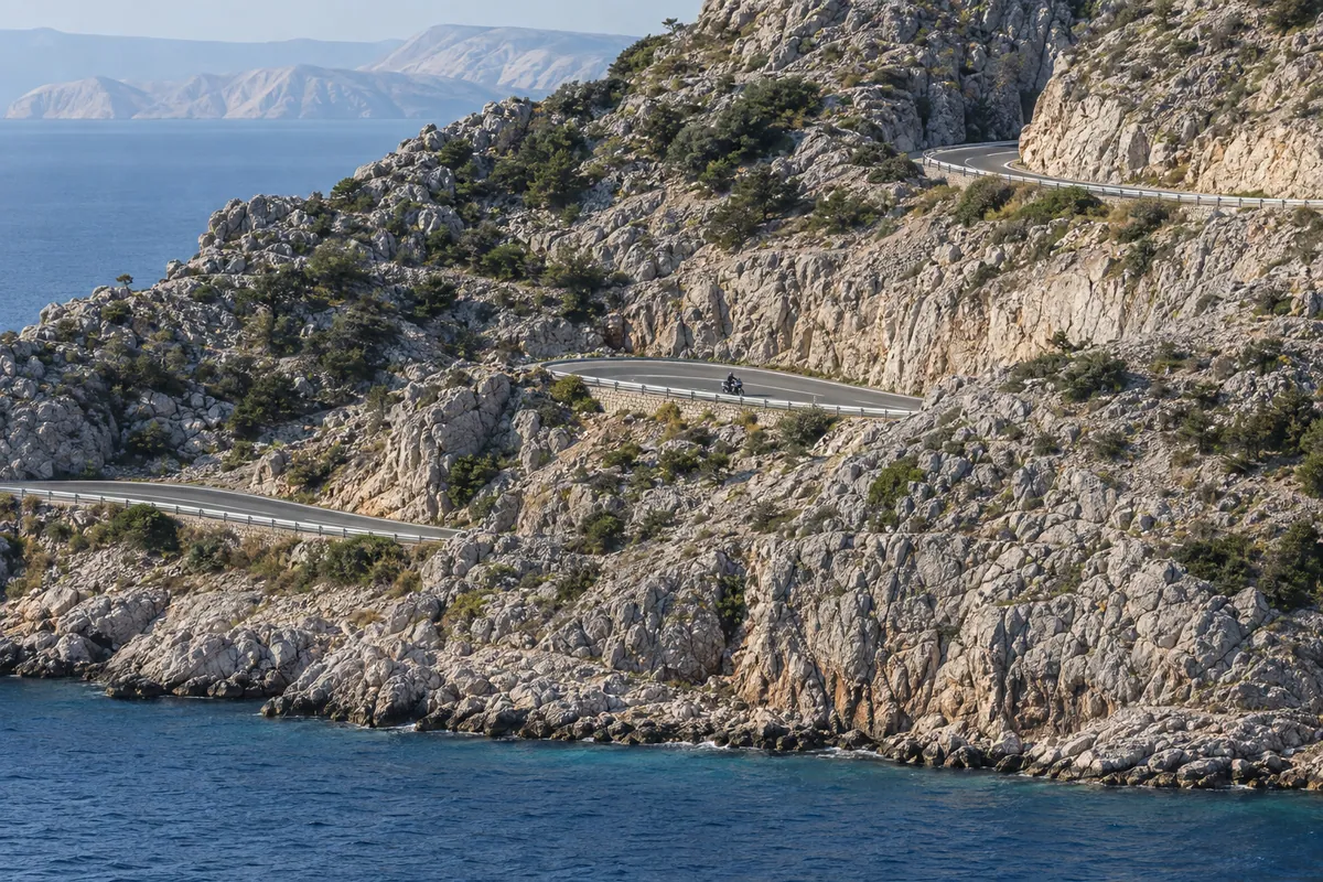 A motorcyclist crosses successive DC8 bends cut into exposed limestone above the Adriatic coast.