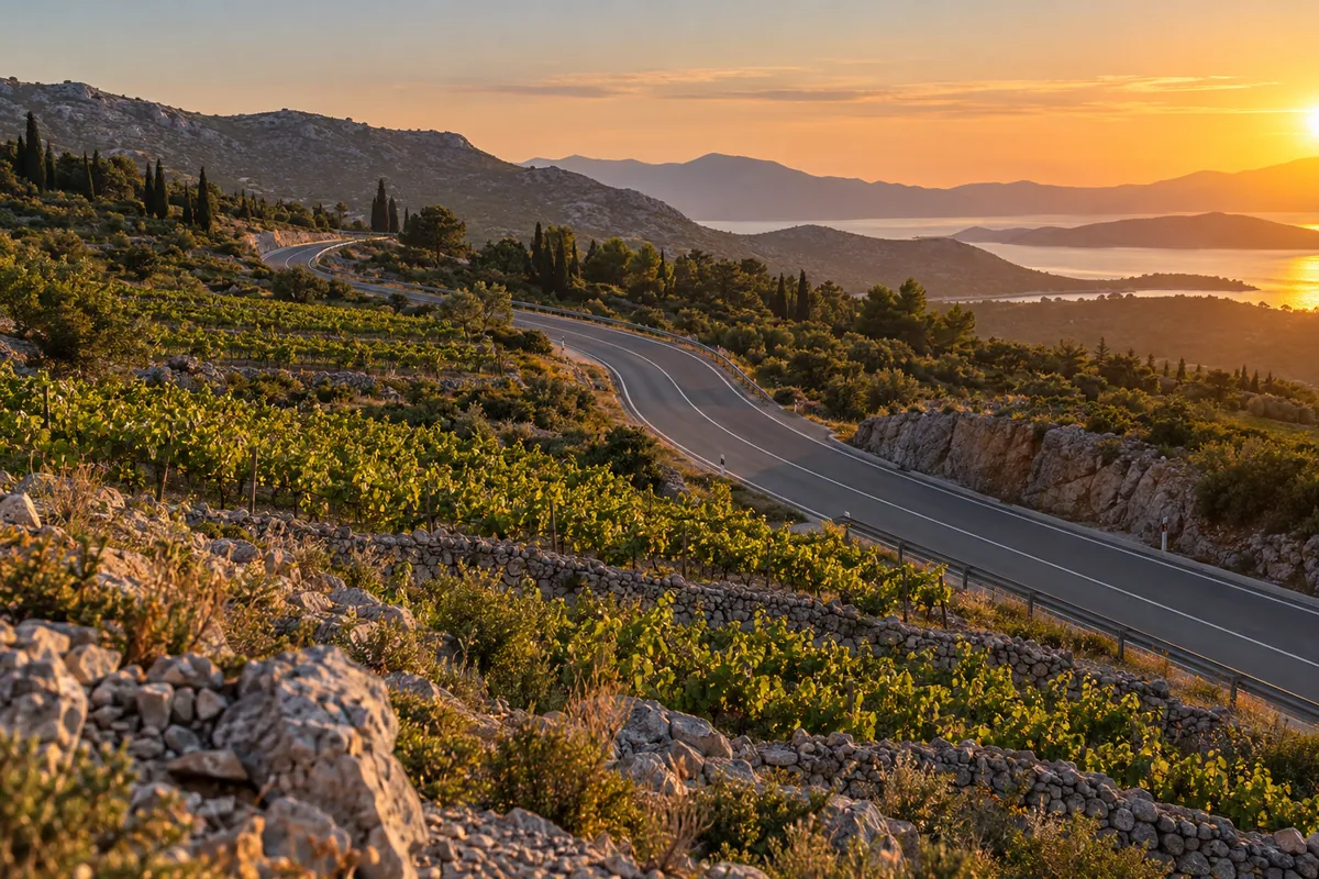 A road curves through Pelješac vineyards and limestone terraces in warm light near sunset.