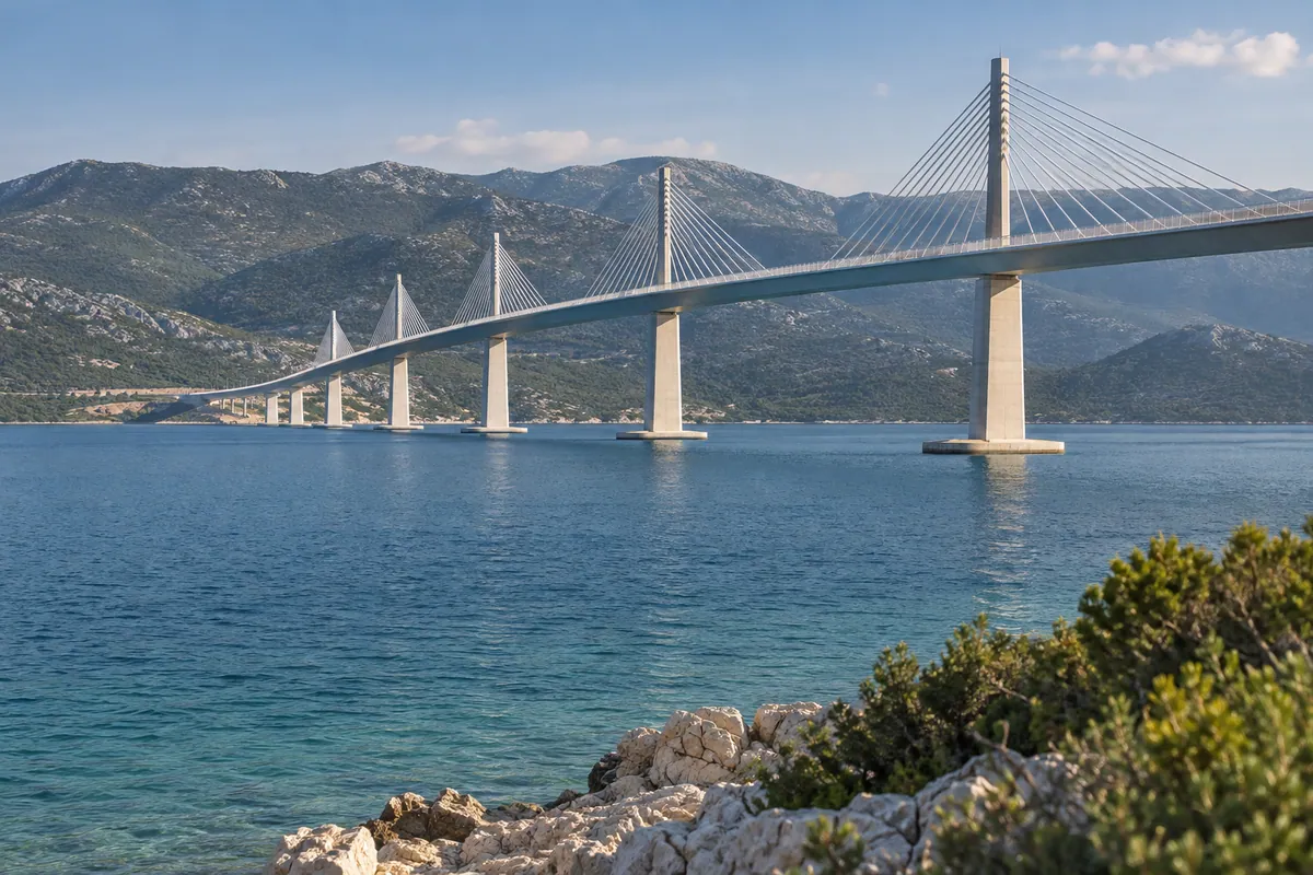 A place-inspired view of Pelješac Bridge crosses calm water in front of limestone hills.