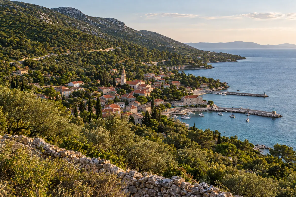 The island road passes above the green slopes, stone houses, and sheltered waterfront of Nerezine on Lošinj.