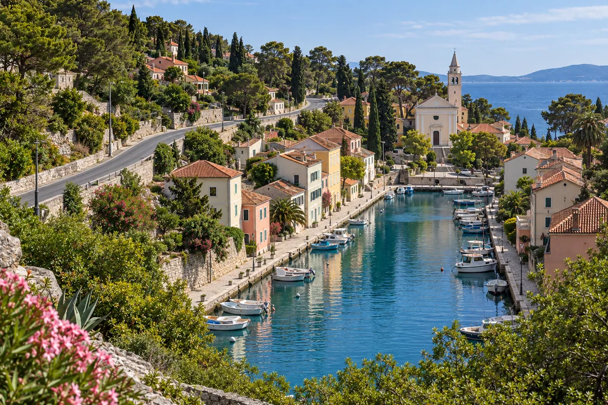 The route descends past stone houses and dense greenery toward the sheltered harbour in Veli Lošinj.