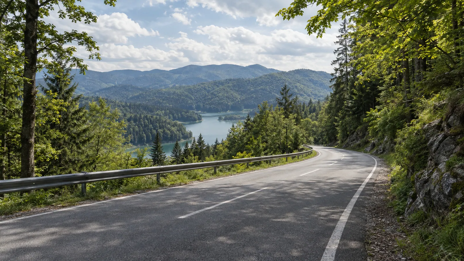 A paved bend above a wooded reservoir evokes the Lujzijana crossing of Gorski kotar.