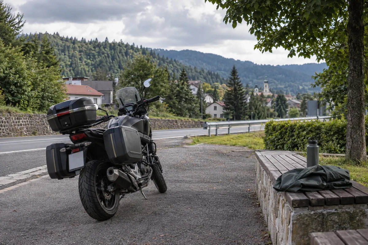 A parked touring motorcycle, rain layer and water bottle suggest preparation for cooler mountain weather.