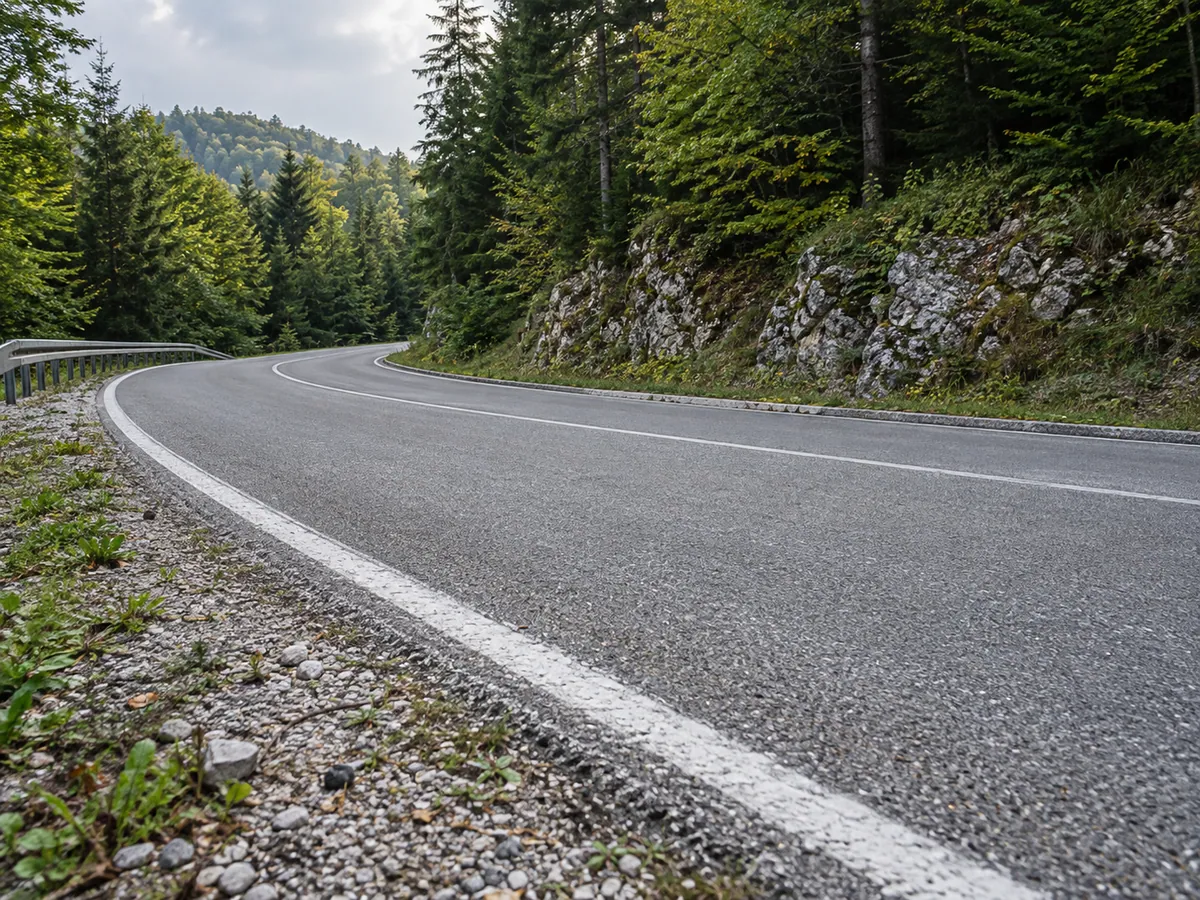 Asphalt texture, a white road edge and a gravel verge on a wooded highland bend.