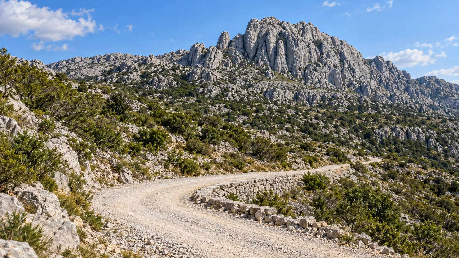 Historic Master's Road curves through pale Velebit karst below the limestone towers of Tulove grede.