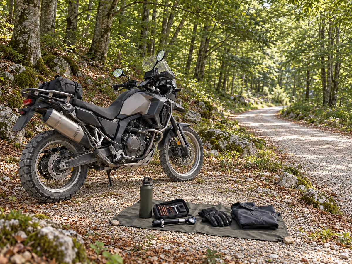 An adventure motorcycle, water and puncture tools are arranged beside a shaded forest section of Master's Road.