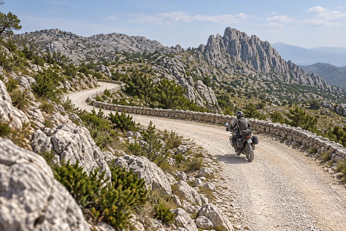 A motorcyclist follows broad stone-lined bends on the unpaved Master's Road across southern Velebit.