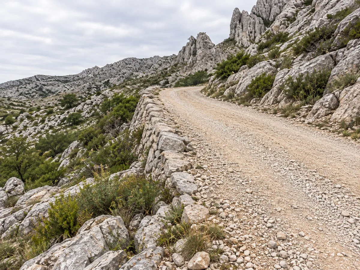 Pale compacted gravel, loose limestone and rough stone edging define an illustrative Master's Road surface study.