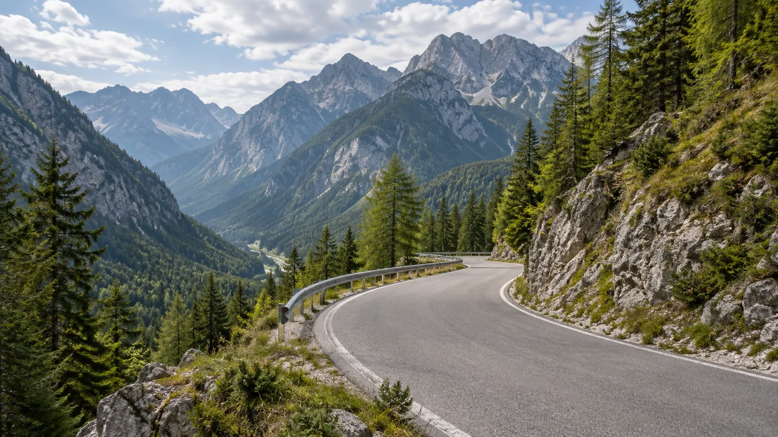 A narrow mountain road curves below limestone peaks and alpine forest on a Vršič-inspired crossing.