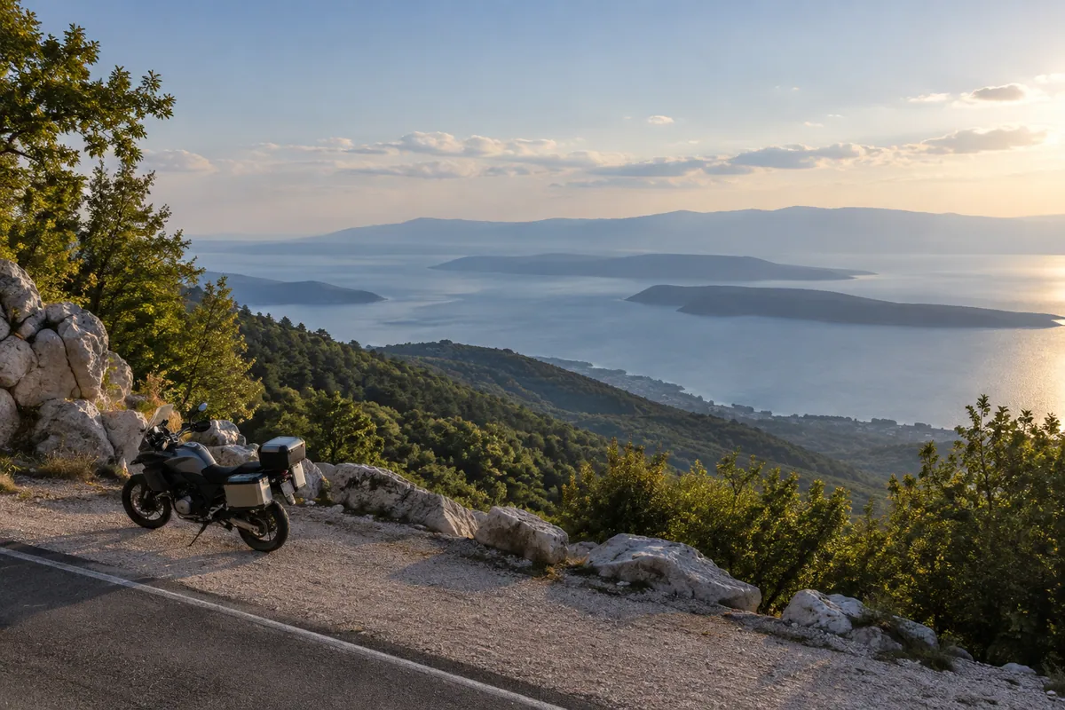 A parked touring motorcycle overlooks the forested Učka slopes, Kvarner Bay and hazy island silhouettes.