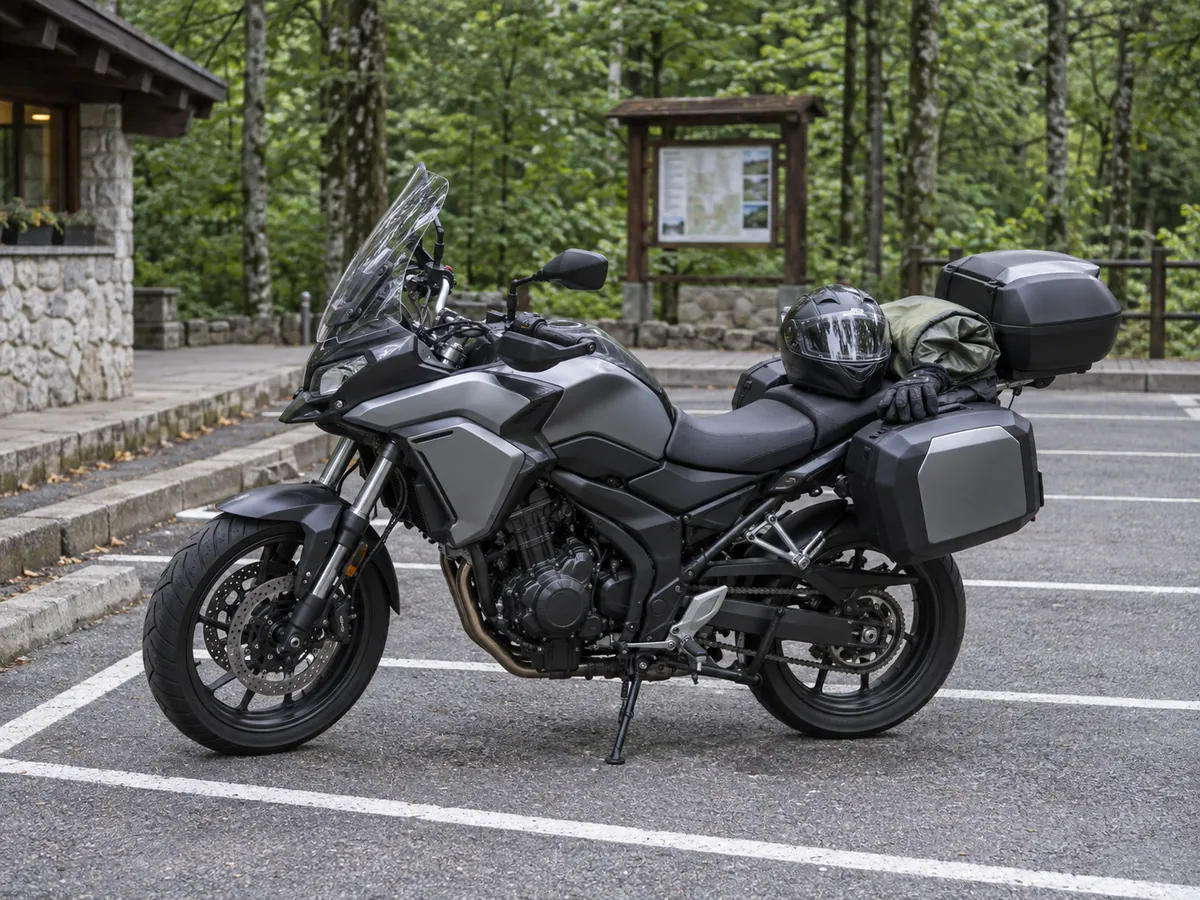 A helmet, gloves and waterproof layer rest on a touring motorcycle parked in a marked bay at Poklon.